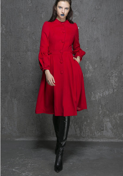 Women’s Red Wool Coat – Handmade Vintage Pleated Winter Dress Coat 1330