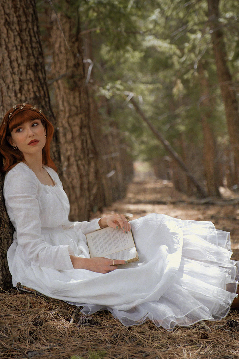 Summer White Cottagecore Linen Midi dress 3448# - White / XS Summer White Cottagecore Linen Midi dress 3448# - White / XS