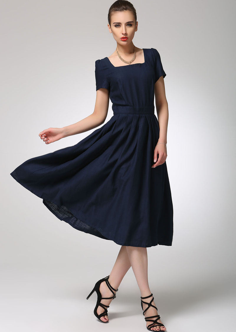 Navy blue linen dress midi women dress 1261# Xiaolizi Navy blue linen dress midi women dress 1261# Xiaolizi