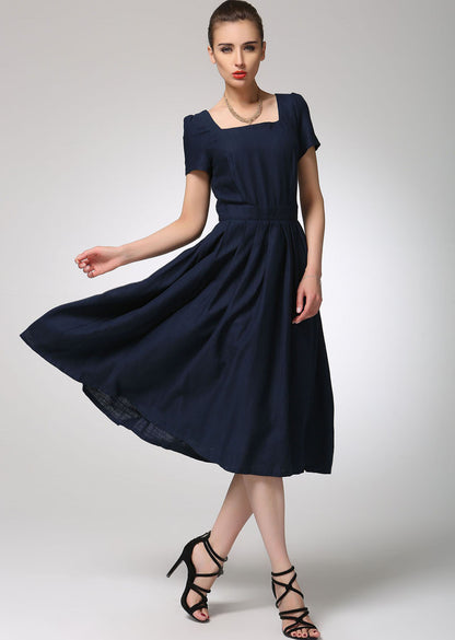 Navy Linen Blend Midi Dress - Pleated Waist, Square Neckline 1261