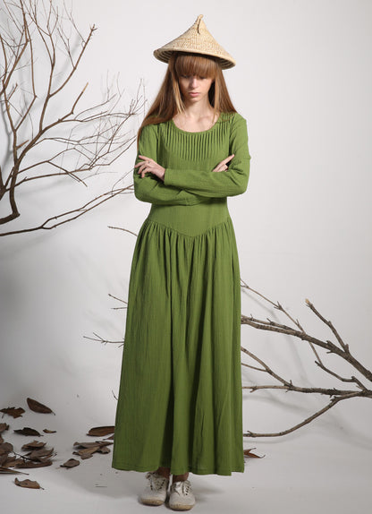 Green Linen Maxi Dress - Loose Fit with Pleated Front 1136