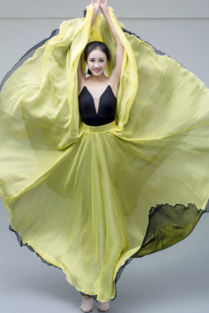Yellow Chiffon Big Swing Midi Skirt - Reversible Elastic Waist 2928
