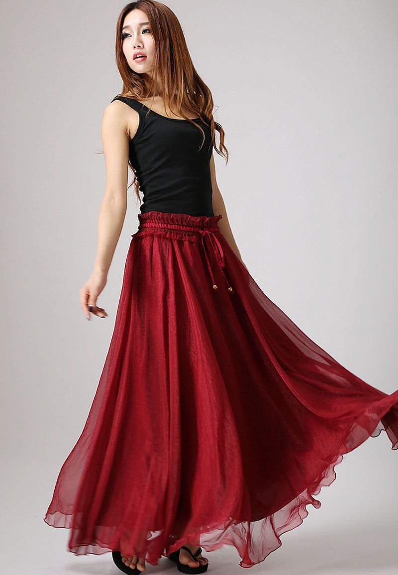 Maxi skirt Chiffon skirt elastic waist long skirt woman Red skirt with ruffle waist detail (862)