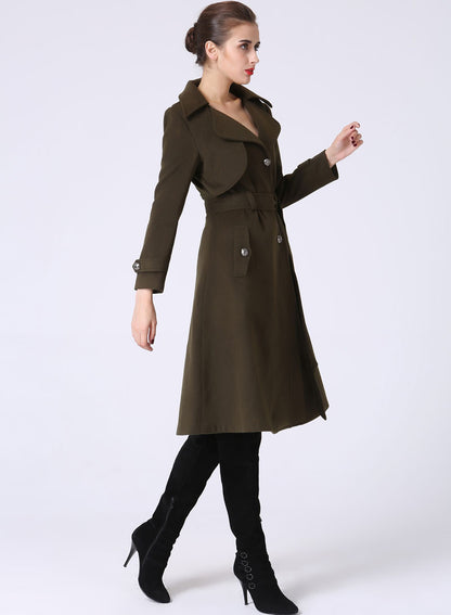 Army Green Wool Blend Military Trench Coat - Self-Tie Waist 1053