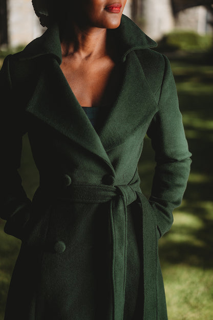 Handmade Green Wool Coat – Long Double-Breasted Winter Overcoat with Belt | Xiaolizi 3912