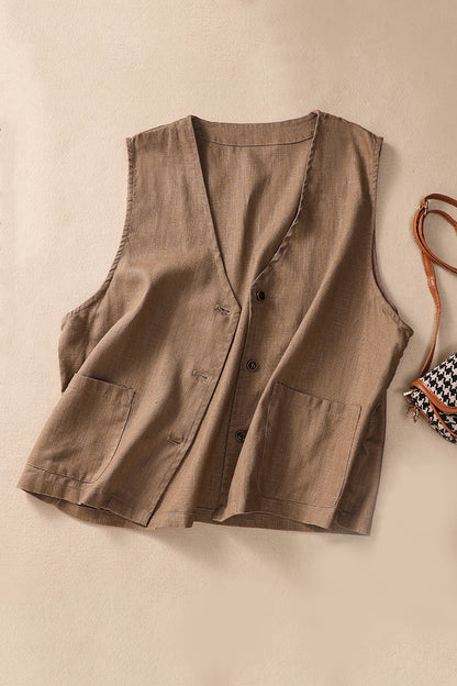 Beige Linen Cotton Vest - Vintage Inspired V-Neck Sleeveless 3645