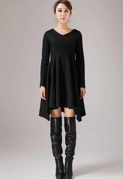 Black Wool Mini Dress - Flared Skirt, V-Neck Long Sleeve 767