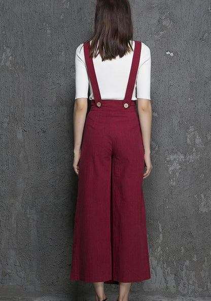 Wine Red Linen Maxi Suspender Pants - Relaxed Fit with Patch Pocket 1327