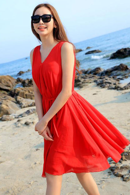 Red Chiffon Midi Dress - Sleeveless V-Neck Loose Fit 2947