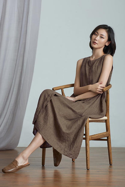 Brown Linen Mid Calf Dress - Loose Fit Sleeveless Commuter Waist CY06