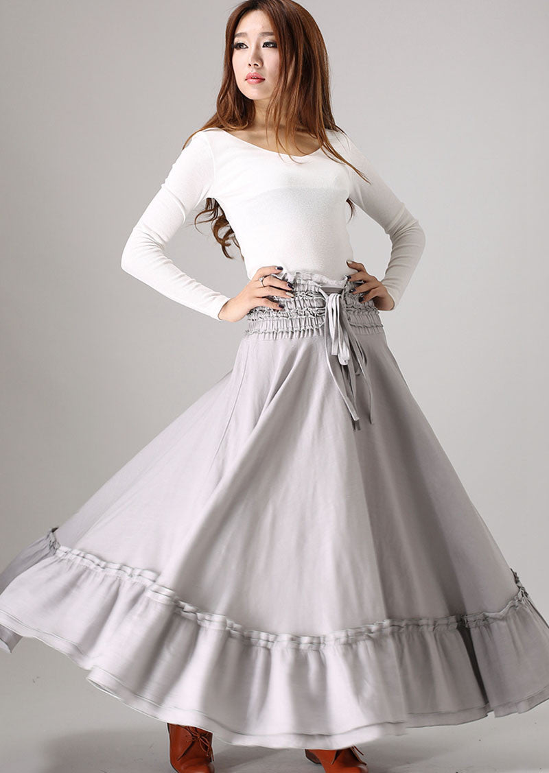 gray skirt ruffle detail Maxi skirt woman linenskirt 0849#