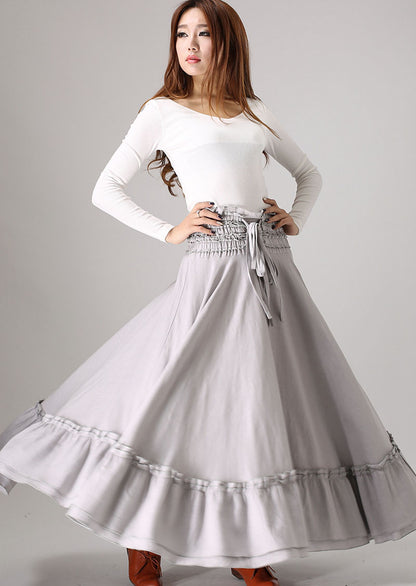 Gray Linen Maxi Skirt - Ruffle Detail Flowy Silhouette 849