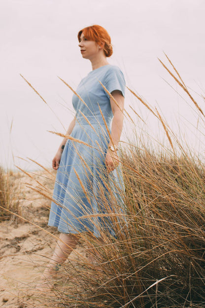 Minimalist Linen Blend Midi Dress – Elegant Fit and Flare Summer Dress  971