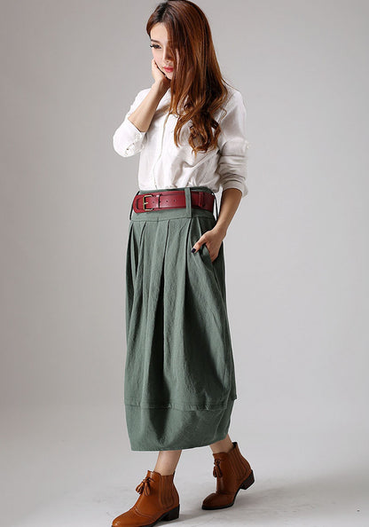 Green Linen Bubble Skirt - Pleated Midi with Pockets 870