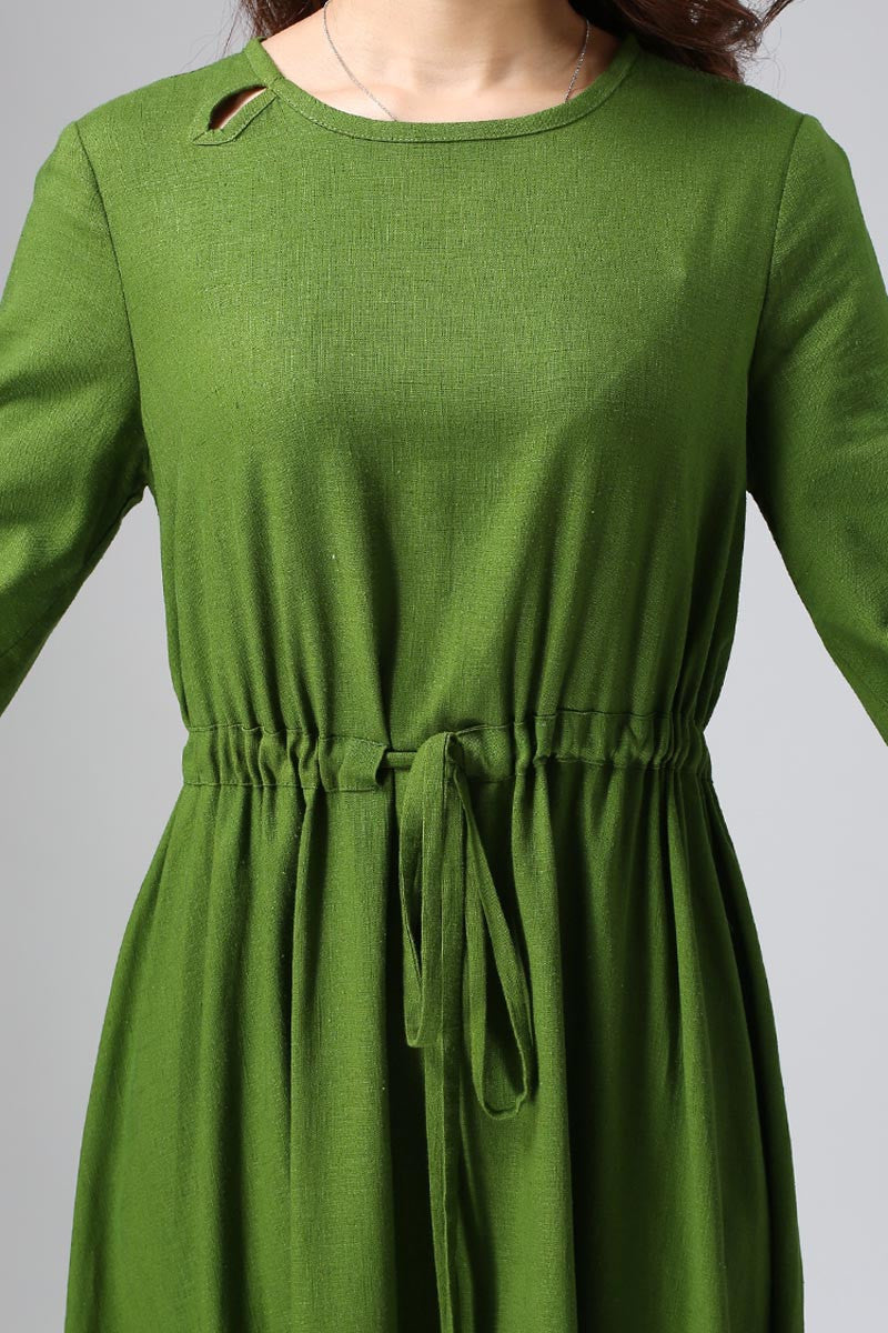 Handmade Green Linen Dress Adjustable Waist Midi | Xiaolizi 806 Forest Green / XL Handmade Green Linen Dress Adjustable Waist Midi | Xiaolizi 806 Forest Green / XL