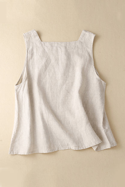 Beige Linen Sleeveless Vest - Loose Fit Summer Essential 3644