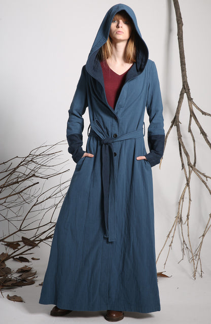 Blue Linen Cotton Trench Coat - Hooded Ankle-Length | Xiaolizi 1139