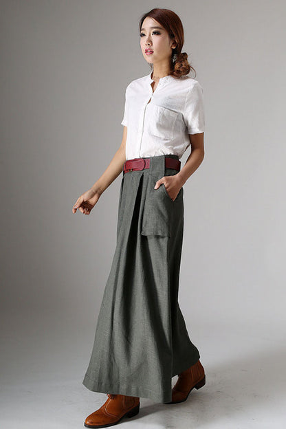 Olive Green Linen Cotton Maxi Skirt – Vintage High Waist Skirt with Large Pockets 0987