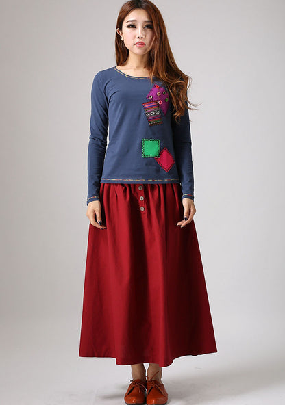 Red Linen Maxi Skirt - Elastic Waist with Front Buttons 876