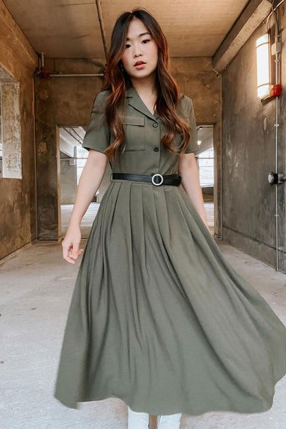 Green Cotton Linen Midi Shirt Dress - Belted Waistband 3726