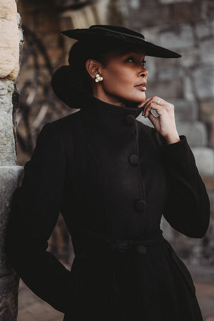 Handmade Black Wool Coat – Long Single-Breasted High-Collar Winter Overcoat for Women | Xiaolizi 3913