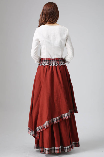 Red Linen Blend Maxi Skirt - Elastic Waist, Plaid Trim 818