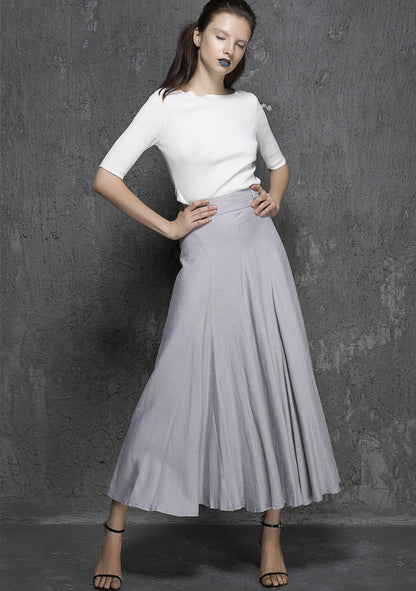 Light Grey Linen Cotton Maxi Skirt - Flowy Ankle Length 1333
