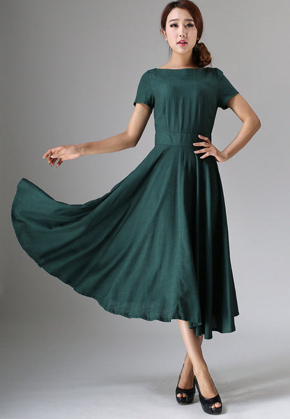 Elegant Linen Blend Midi Dress – Vintage Fit and Flare Boat Neck Dress 0971