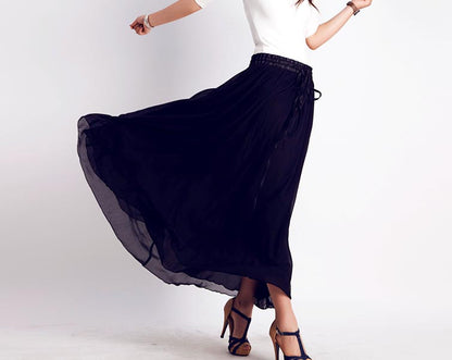Black Chiffon Maxi Skirt - Flowing Silhouette with Elastic Waistband 178