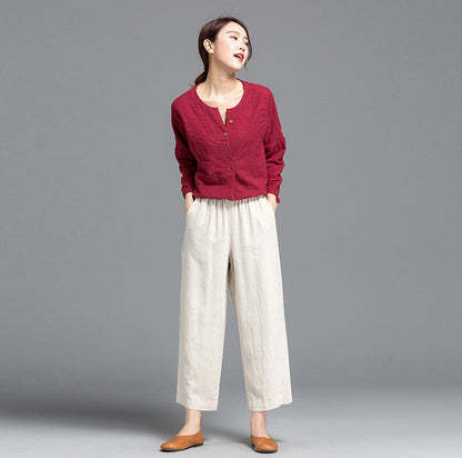 White Linen Wide Leg Pants - Elastic Waist, Above Ankle Length 2610
