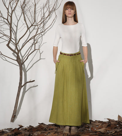 Women’s Green Linen Maxi Skirt – Vintage Pleated Long Skirt with Belt Loops | Xiaolizi 1153