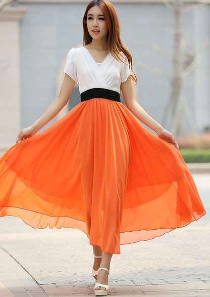 Orange Chiffon Maxi Dress - Elegant Sleeve, Fitted Waist 926