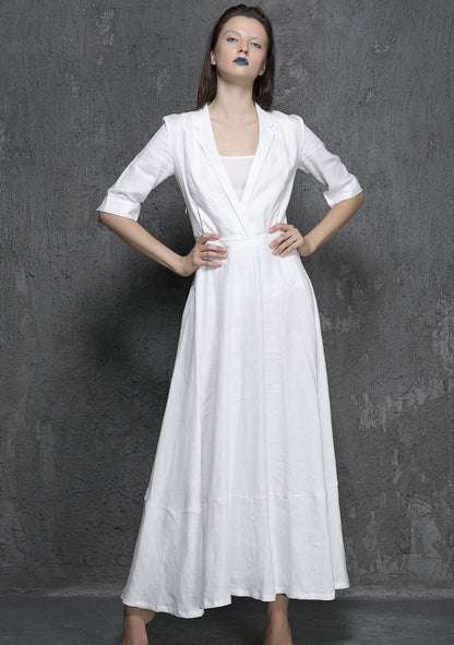 White Linen Maxi Dress - Big Collar, 3/4 Sleeve 1326