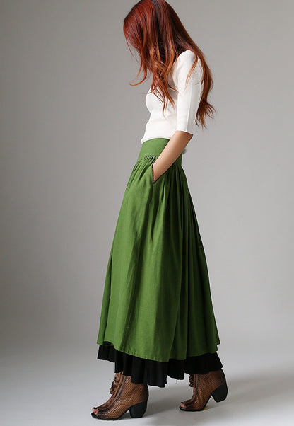 Feminine Linen Maxi Skirt Forest Green – High-Waisted A-Line – 1037