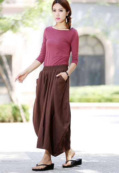 Brown Linen Skirt - Maxi Length with Elastic Waist and Pockets 1026