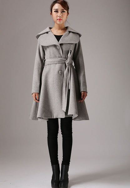 Gray Wool Blend Midi Coat - Double Collar, Self-Tie Waist 2021179