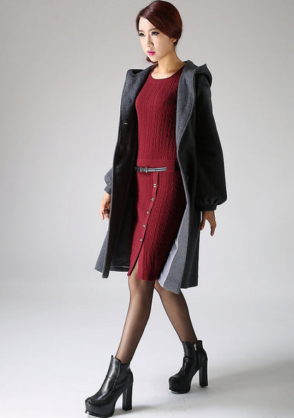 Dark Gray Hooded Wool Swing Coat with Tie Waist – Feminine A-Line Silhouette | 1073