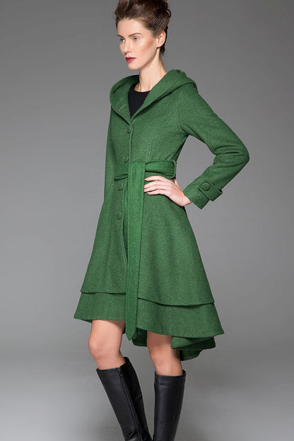 Vintage Wool Coat for Women – Handmade Green Hooded Fit and Flare Winter Coat with Layered Hem | Xiaolizi 1411