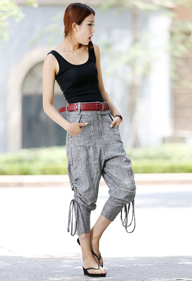 Loose fitting Womens grey linen pants with elastic waist 1930 – XiaoLizi