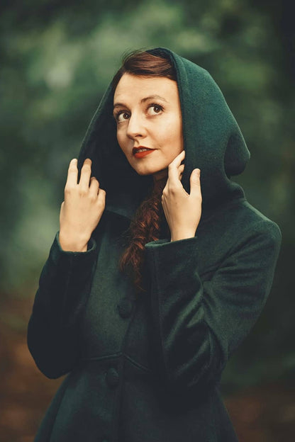 Vintage Green Wool Coat – Handmade Hooded Winter Overcoat for Women 2493