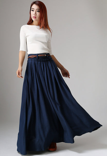 Handmade Gray Linen Maxi Skirt – High Waist Pleated with Pockets 0911