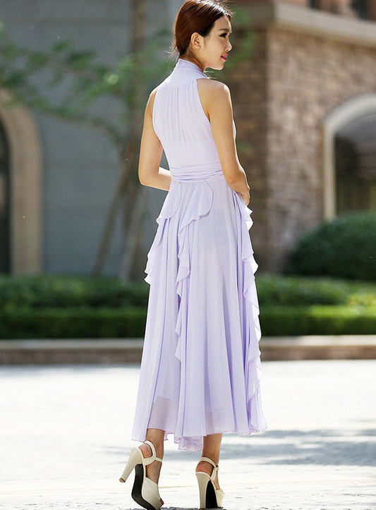 purple chiffon dress - charming halter women dress summer long dress - custom made (993)