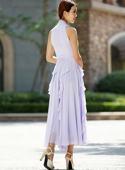 Purple Chiffon Maxi Dress - Charming Halter with Irregular Hem 993