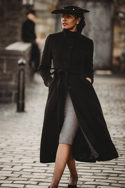 Handmade Black Wool Coat – Long Single-Breasted High-Collar Winter Overcoat for Women | Xiaolizi 3913