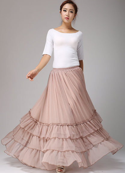 Handmade Pink Chiffon Long Skirt – Romantic Layered Summer Maxi for Women  0663