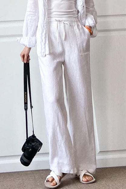 Rust Brown Linen Wide Leg Pants - Elastic Waist, Side Pockets 3506
