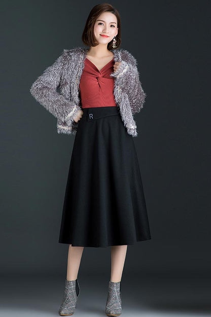 Gray Polyester Mid Calf A-Line Skirt - High Waist Winter Style CYM318