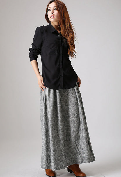 Grey Linen Cotton Maxi Skirt - Pleated A-Line Silhouette 886