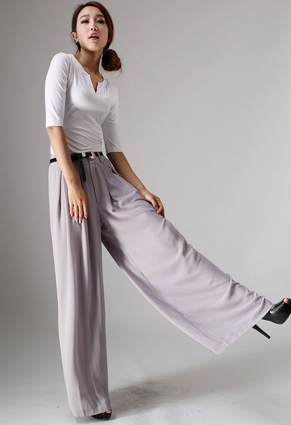 Grey Maxi Chiffon Pants - Wide Leg, Front Zipper 977