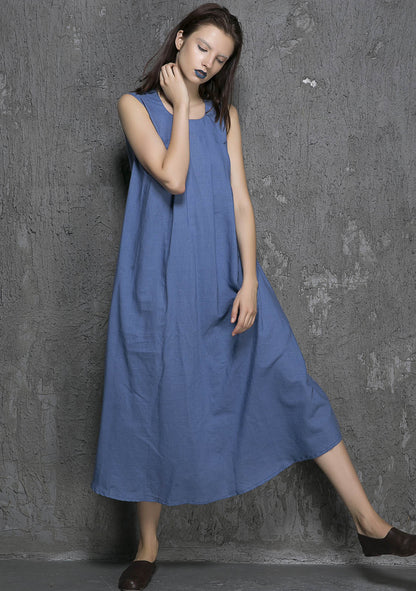 Blue Linen Maxi Dress - Sleeveless Flowing Summer Style 1329